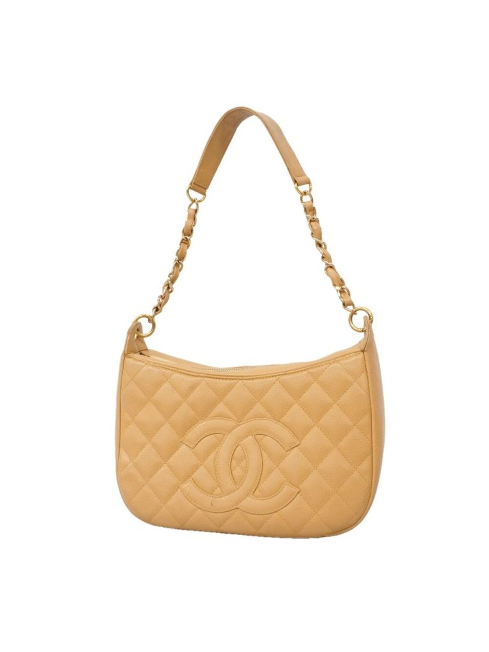 Chanel Shoulder Bag Quilted Caviar Leather Beige Champagne Gold